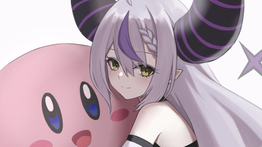 1girl absurdres bare_shoulders blush closed_mouth demon_horns hair_between_eyes highres hololive horns kirby_(series) kit la+_darknesss long_hair looking_at_viewer looking_to_the_side nintendo pointy_ears sidelocks silver_hair simple_background smile upper_body virtual_youtuber white_background yellow_eyes