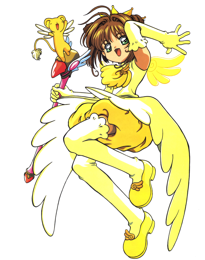 1990s_(style) 1girl :d absurdres antenna_hair arm_up bloomers brooch brown_hair cardcaptor_sakura creature crown dot_nose dress elbow_gloves full_body fuuin_no_tsue gloves gold_crown green_eyes hair_intakes highres holding holding_wand jewelry kero_(cardcaptor_sakura) kinomoto_sakura kinomoto_sakura_(winged_egg_crown_costume) looking_at_viewer magical_girl neckerchief official_art open_mouth pointed_crown retro_artstyle scan shoes short_hair simple_background smile takahashi_kumiko thighhighs underwear wand white_background wing_brooch yellow_bloomers yellow_dress yellow_footwear yellow_gloves yellow_neckerchief yellow_theme yellow_thighhighs yellow_wings