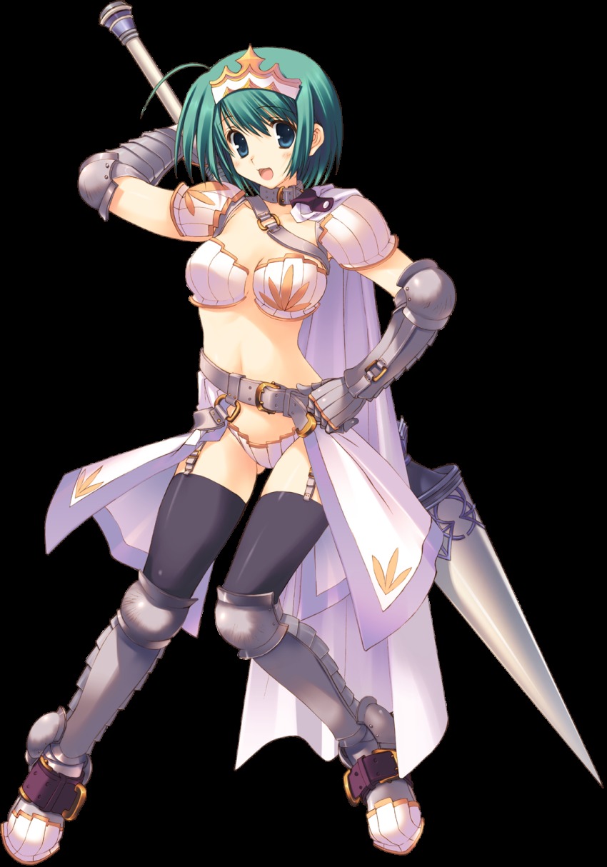 1girl armor armored_boots artist_request belt bikini_armor black_legwear blue_eyes boots cape collar female_focus full_body gauntlets greaves green_hair hair_ornament hand_on_own_hip highres holding holding_weapon knees_together_feet_apart open_mouth polearm revealing_clothes short_hair shoulder_pads showgirl_skirt smile solo spear standing tiara to_heart_(series) to_heart_2 to_heart_2_dungeon_travelers transparent_background waist_cape weapon yoshioka_chie