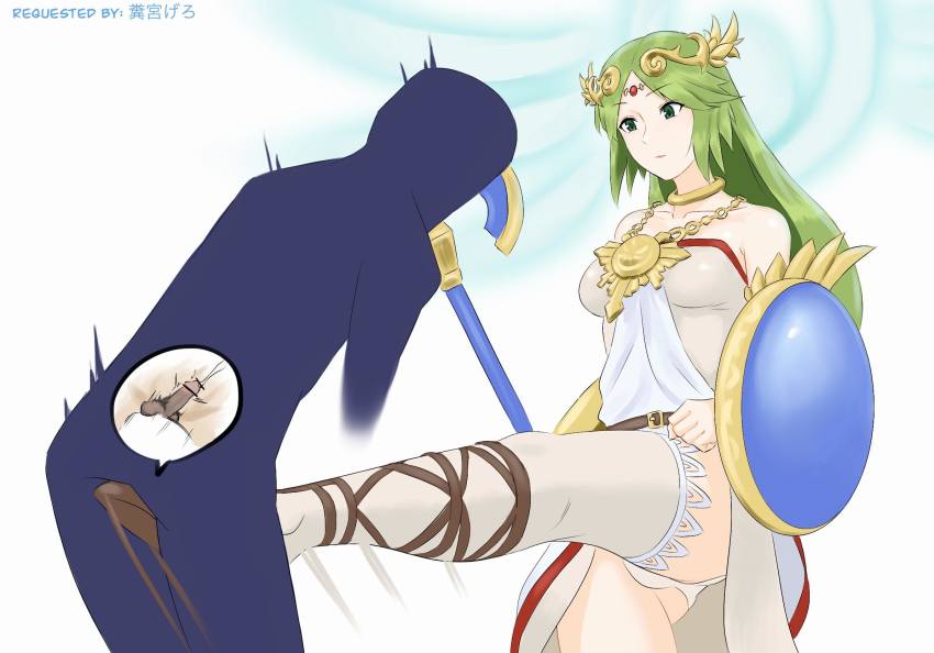 1boy 1girl ball_busting bare_shoulders bdsm breasts cbt crotch_kick dress green_eyes green_hair highres jewelry kid_icarus long_hair necklace nintendo palutena panties penis seset shield strapless thighhighs tiara underwear very_long_hair white_dress white_panties