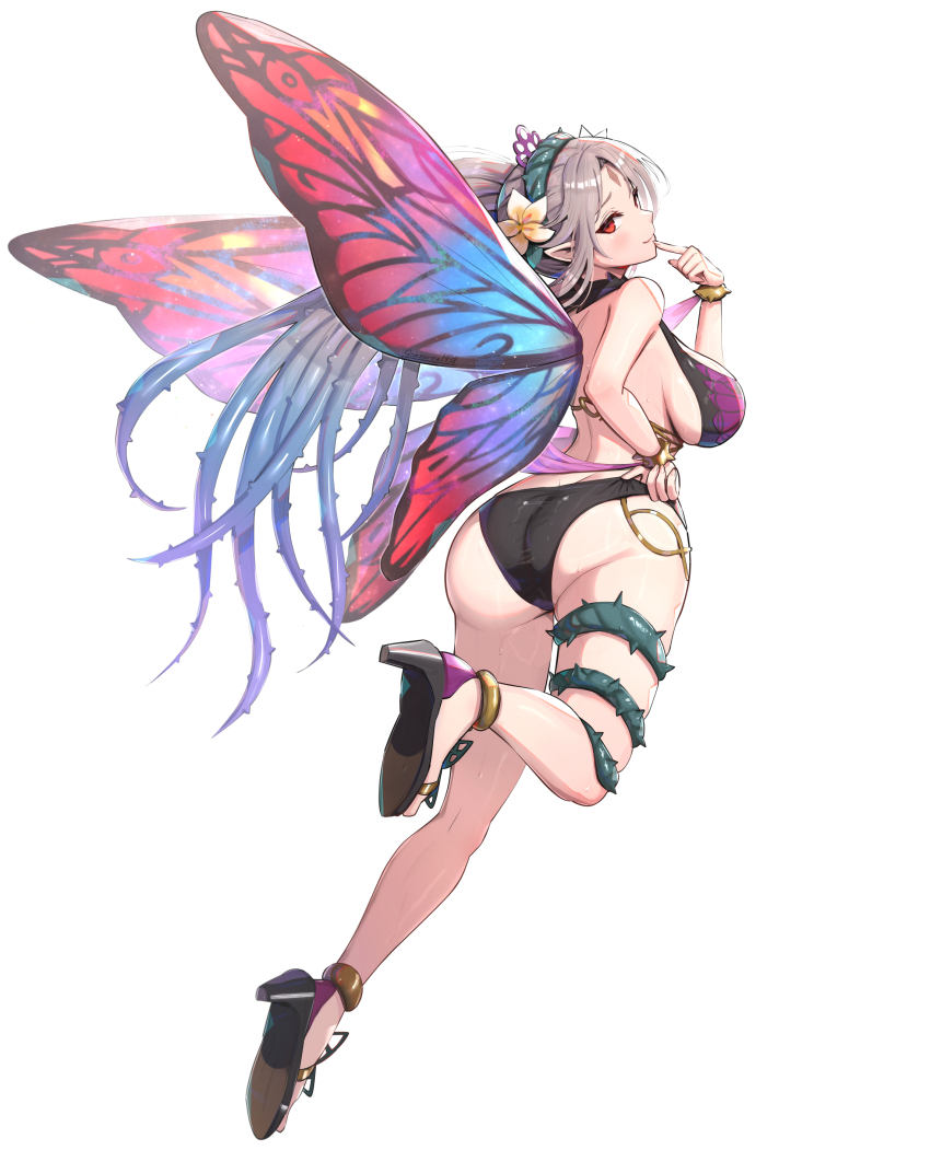 1girl absurdres adjusting_clothes adjusting_swimsuit alternate_costume ass bikini black_bikini blush bracelet breasts butterfly_wings commentary_request facial_mark fairy fairy_wings fingernails fire_emblem fire_emblem_heroes flower forehead_mark from_behind gonzarez grey_hair hair_flower hair_ornament high_heels highres huge_ass insect_wings jewelry large_breasts leg_up lips long_hair looking_back nintendo official_alternate_costume parted_bangs plant plumeria_(fire_emblem) plumeria_(summer)_(fire_emblem) pointy_ears red_eyes seductive_smile sideboob simple_background smile solo sweat sweatdrop swimsuit thigh_strap thighs thorns vines white_background wings