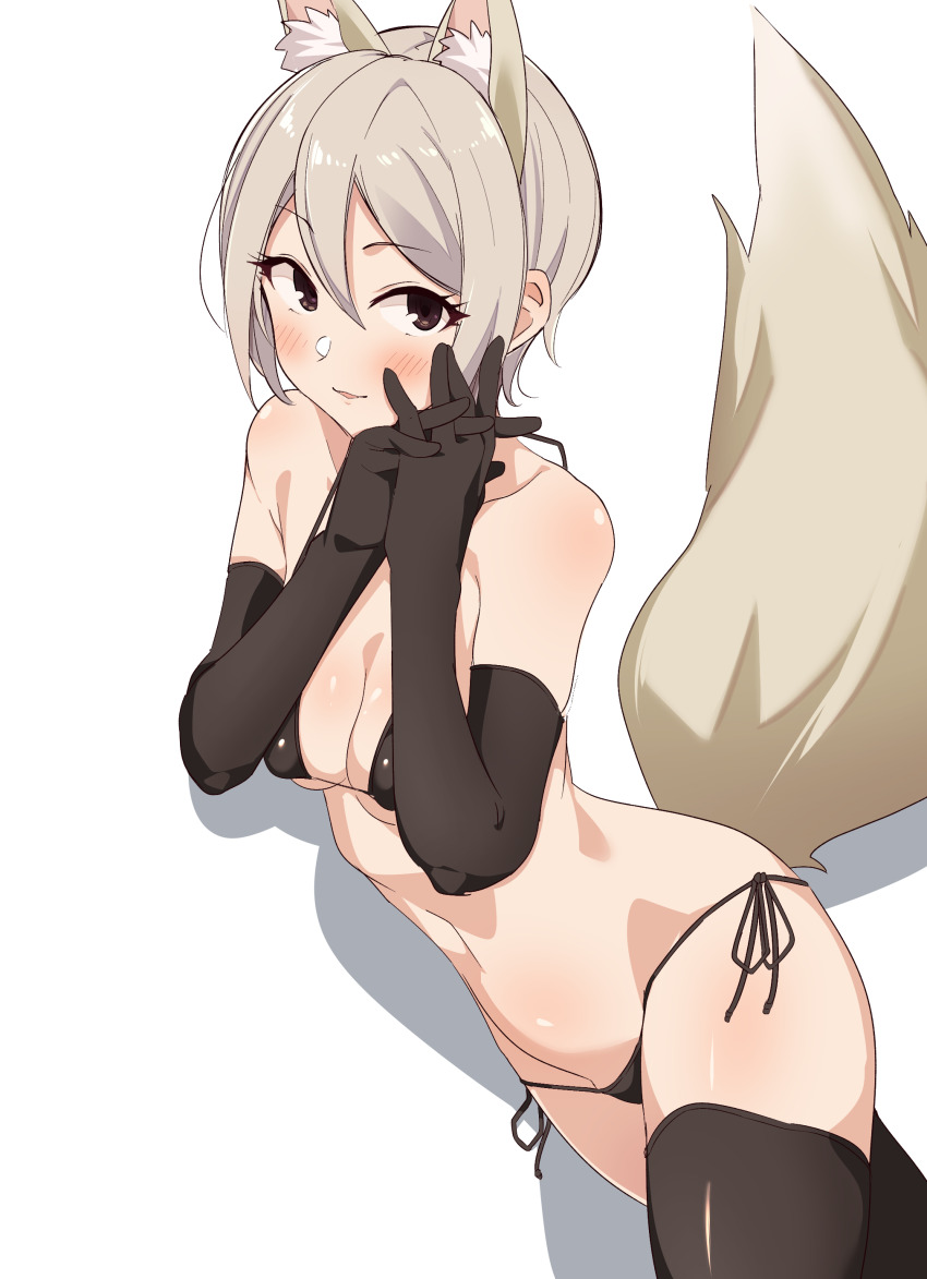 1girl absurdres animal_ears bare_shoulders bikini black_bikini black_gloves black_thighhighs blush breasts brown_eyes cowboy_shot elbow_gloves fox_ears fox_girl fox_tail gloves grey_hair hair_between_eyes highres idolmaster idolmaster_cinderella_girls interlocked_fingers lying medium_breasts micro_bikini on_side parted_lips seihekiog shadow shiomi_syuko short_hair side-tie_bikini_bottom sidelocks simple_background smile solo string_bikini swimsuit tail thighhighs thighs white_background