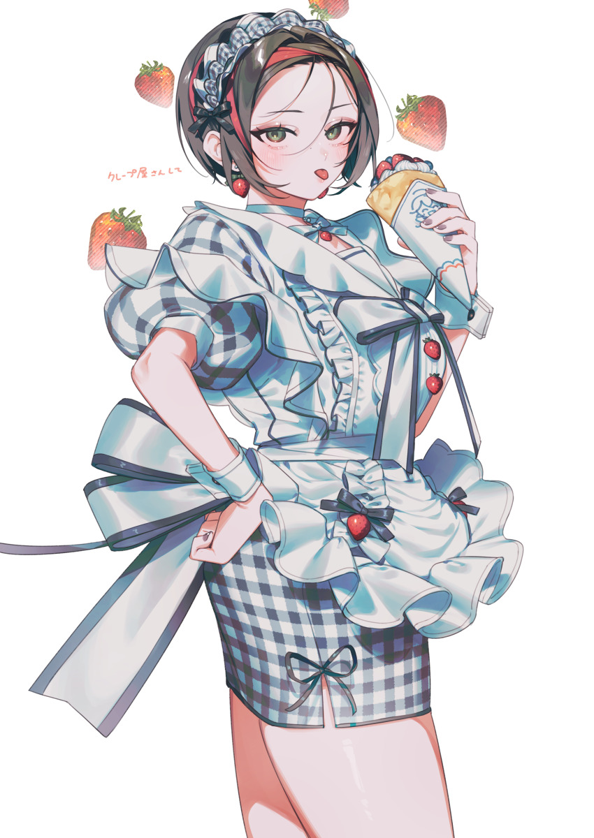 1girl absurdres apron black_hair black_ribbon choker cowboy_shot crepe crow_(nikke) crow_3434 dress earrings food food-themed_earrings food_themed_earrings fruit goddess_of_victory:_nikke green_eyes grey_dress grey_nails hairband hand_on_own_hip hand_up highres holding holding_crepe holding_food jewelry looking_at_viewer maid maid_apron maid_headdress puffy_short_sleeves puffy_sleeves red_hairband ribbon short_sleeves solo strawberry strawberry_earrings tongue tongue_out white_choker wrist_cuffs