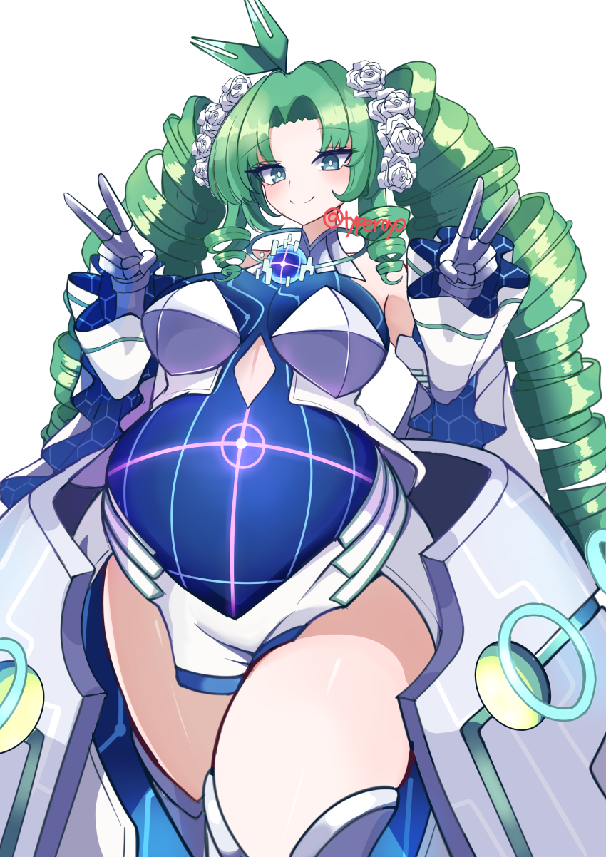 1girl armor armored_skirt big_belly breasts collar crosshair detached_sleeves double_v drill_hair drill_sidelocks duel_masters flower flower_on_head gauntlets green_eyes green_hair kiriko_(duel_masters) medium_breasts pregnant rose royo21294110 sidelocks smile solo tagme target thighs twin_drills v white_background white_flower white_rose