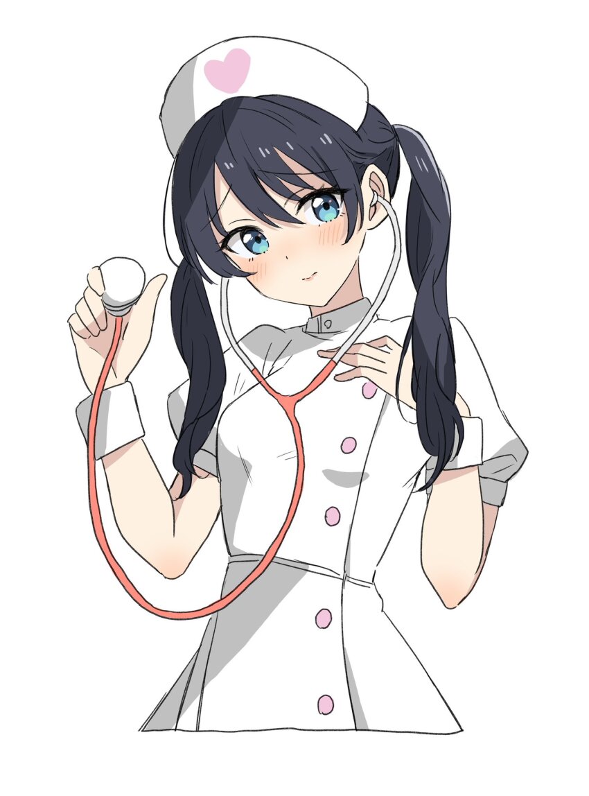 1girl bien_(djpwjd1) black_hair blue_eyes blush cosplay cowboy_shot cropped_legs dress embarrassed hat heart highres holding holding_stethoscope link!_like!_love_live! long_hair love_live! murano_sayaka nose_blush nurse nurse_cap one-hour_drawing_challenge puffy_short_sleeves puffy_sleeves short_sleeves simple_background solo stethoscope virtual_youtuber white_background white_dress