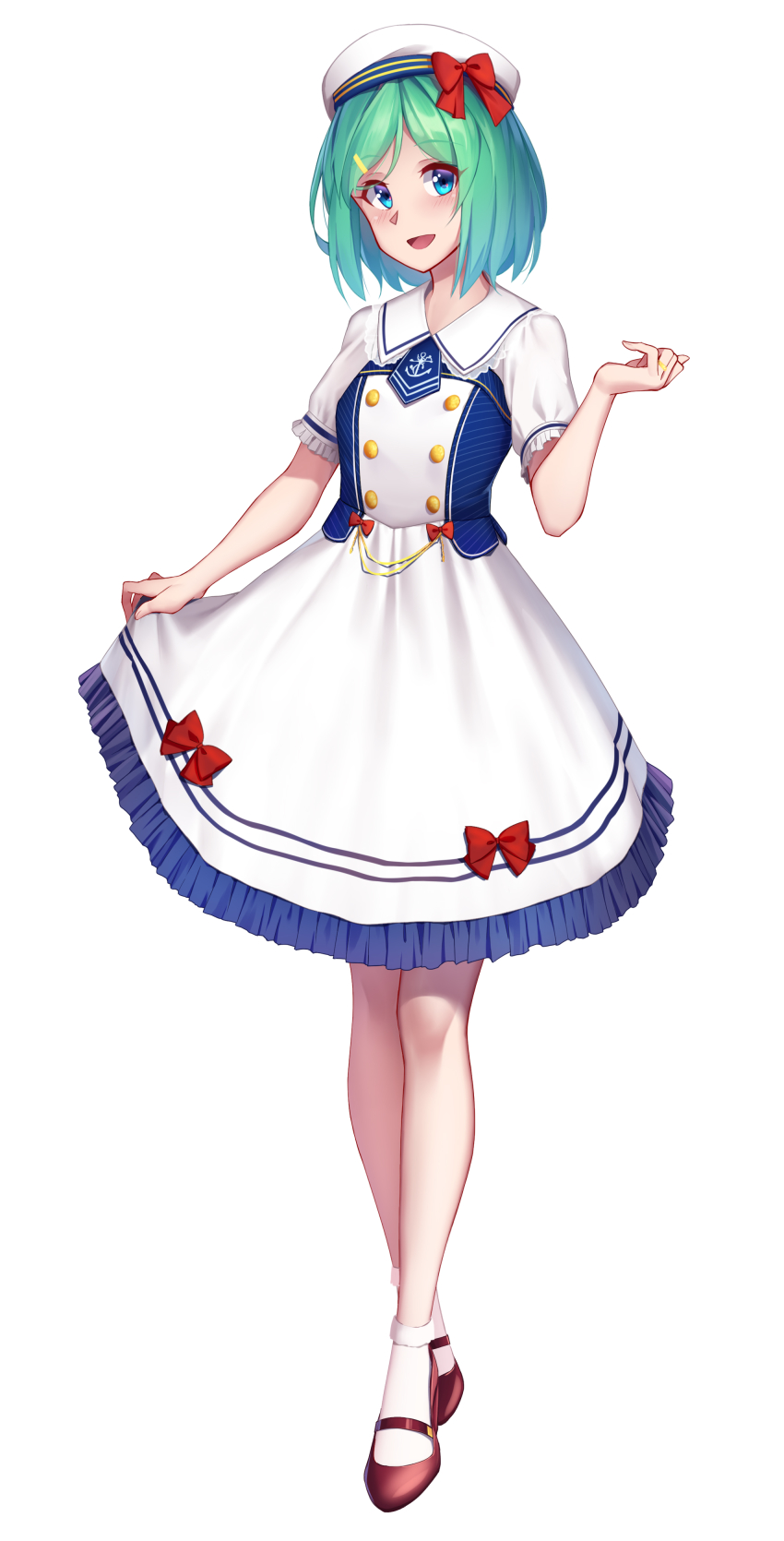 1girl absurdres arnold-s blue_eyes blush bobby_socks bow female_focus full_body green_hair hair_ornament hairclip hat hat_bow highres lolita_fashion looking_at_viewer mary_janes open_mouth original red_bow shoes short_hair short_sleeves smile socks solo standing white_hat white_socks