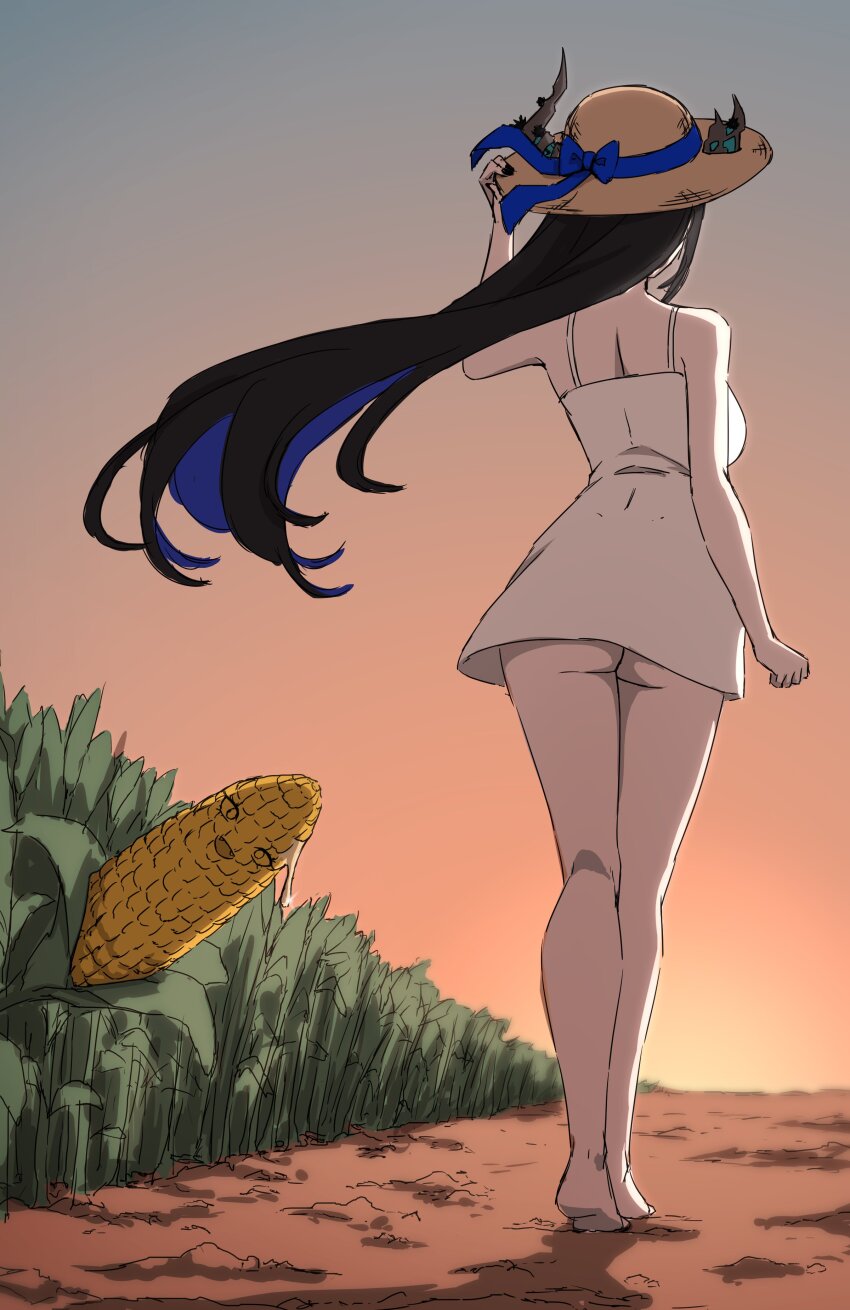 1girl absurdres alternate_costume ass ass_focus asymmetrical_horns barefoot black_hair blue_hair blue_ribbon breasts colored_inner_hair commentary corn corn_field country_girls_make_do_(meme) daydarion demon_horns dirt_road dress english_commentary evening from_behind hat highres hololive hololive_english horns implied_after_masturbation large_breasts long_hair meme microdress multicolored_hair nerissa_ravencroft outdoors ribbon road solo straw_hat suggestive_fluid sun_hat two-tone_hair uneven_horns virtual_youtuber walking white_dress