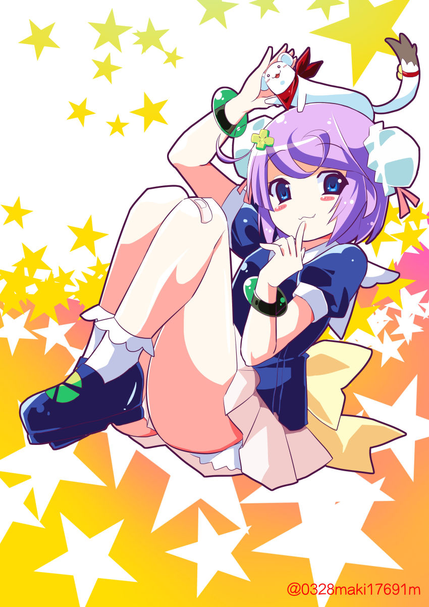 1girl absurdres ass bandaid bandaid_on_knee bandaid_on_leg blue_eyes blush bracelet fang fang_out full_body hair_bun highres jewelry kazuta_(kazutan62) looking_at_viewer popotan purple_hair ribbon short_hair sitting smile socks solo unagi_(popotan) white_socks