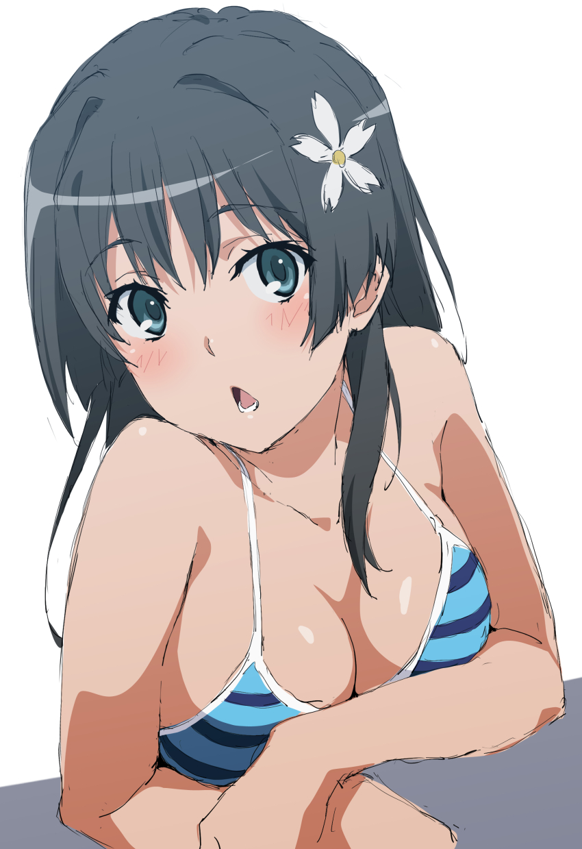 absurdres bikini black_hair blue_bikini breasts commentary_request flower hair_flower hair_ornament head_tilt highres long_hair looking_at_viewer medium_breasts open_mouth saten_ruiko shou937 simple_background swimsuit toaru_kagaku_no_railgun toaru_majutsu_no_index white_background