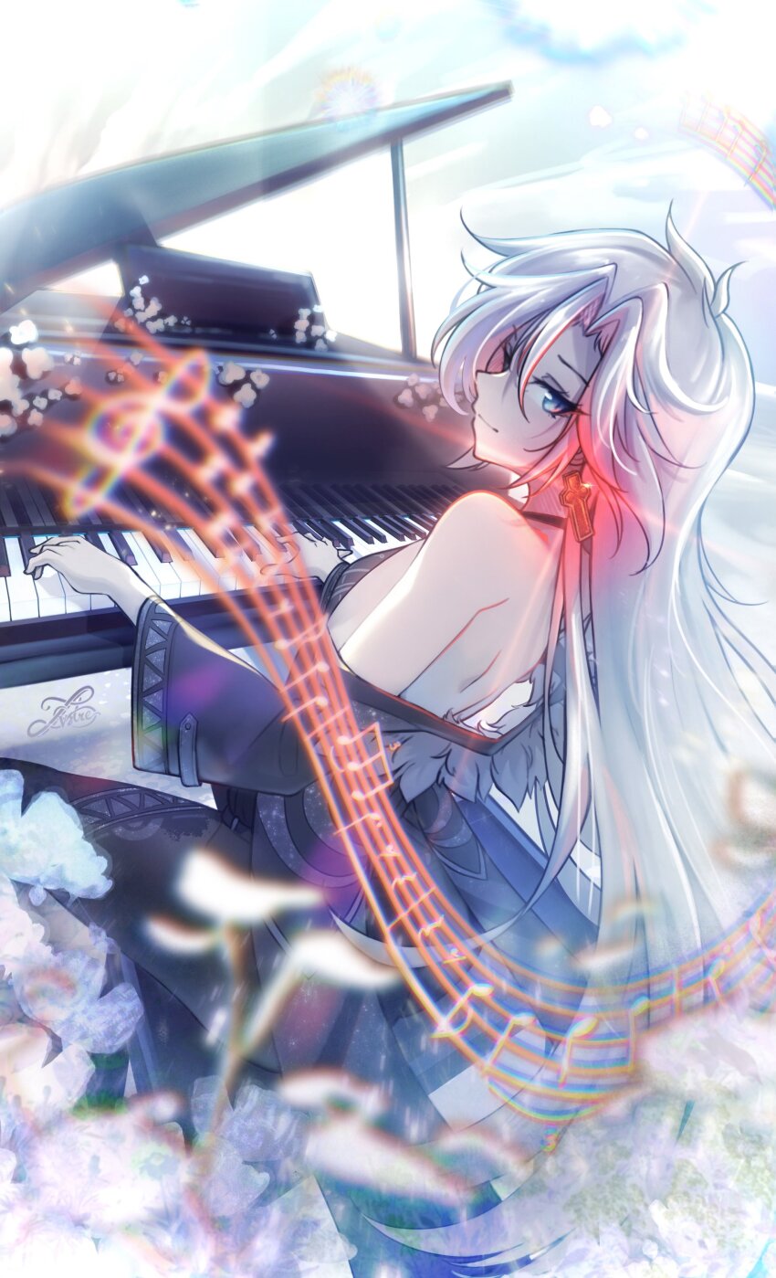 1girl a_(xenoblade) absurdres alternate_costume blue_eyes blurry blurry_foreground closed_mouth commentary core_crystal_(xenoblade) earrings english_commentary eyelashes glowing glowing_earrings highres instrument jewelry long_hair looking_at_viewer looking_back lustercool music piano playing_instrument playing_piano smile solo staff_(music) white_hair xenoblade_chronicles_(series) xenoblade_chronicles_3 xenoblade_chronicles_3:_future_redeemed