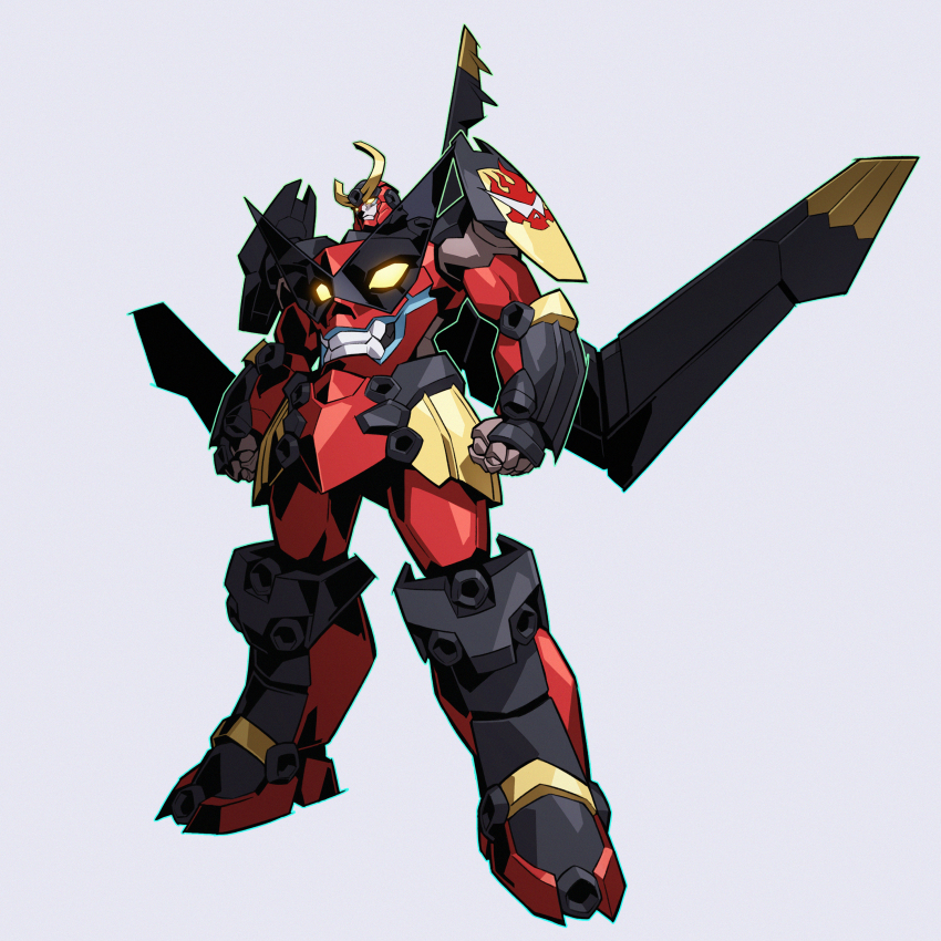 absurdres arms_at_sides clenched_hands commentary_request extra_eyes full_body glowing glowing_eyes gurren-lagann highres kamina_shades legs_apart mecha mecha_focus no_humans onion_maru robot science_fiction simple_background solo standing super_robot teeth tengen_toppa_gurren_lagann triangular_eyewear white_background yellow_eyes