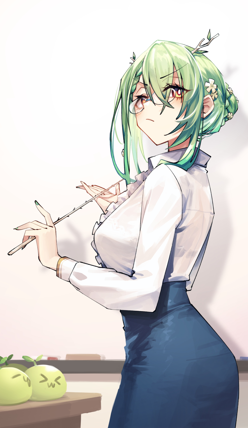 &gt;w&lt; 1girl absurdres adarin antlers apple artist_request ceres_fauna flower food fruit glasses green_hair green_nails hair_flower hair_ornament highres hololive hololive_english horns light_green_hair looking_at_viewer nail_polish shirt simple_background solo teacher virtual_youtuber whiteboard