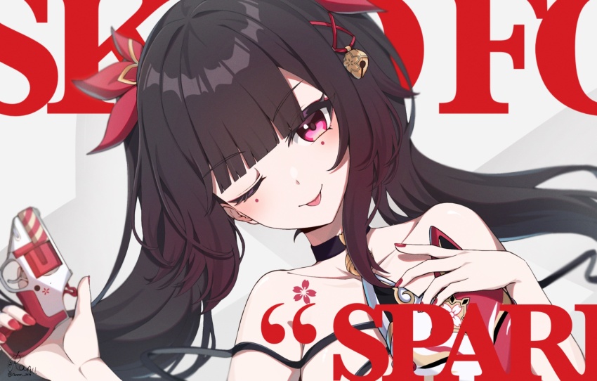 1girl :p bell black_choker blunt_bangs brown_hair character_name choker commentary english_text gun hair_bell hair_ornament hand_on_own_chest handgun highres holding holding_gun holding_mask holding_weapon honkai:_star_rail honkai_(series) looking_at_viewer mark_under_eye mask mindscape_cinema_(zenless_zone_zero) one_eye_closed pink_eyes ranran_3939 simple_background solo sparkle_(honkai:_star_rail) tongue tongue_out upper_body weapon white_background