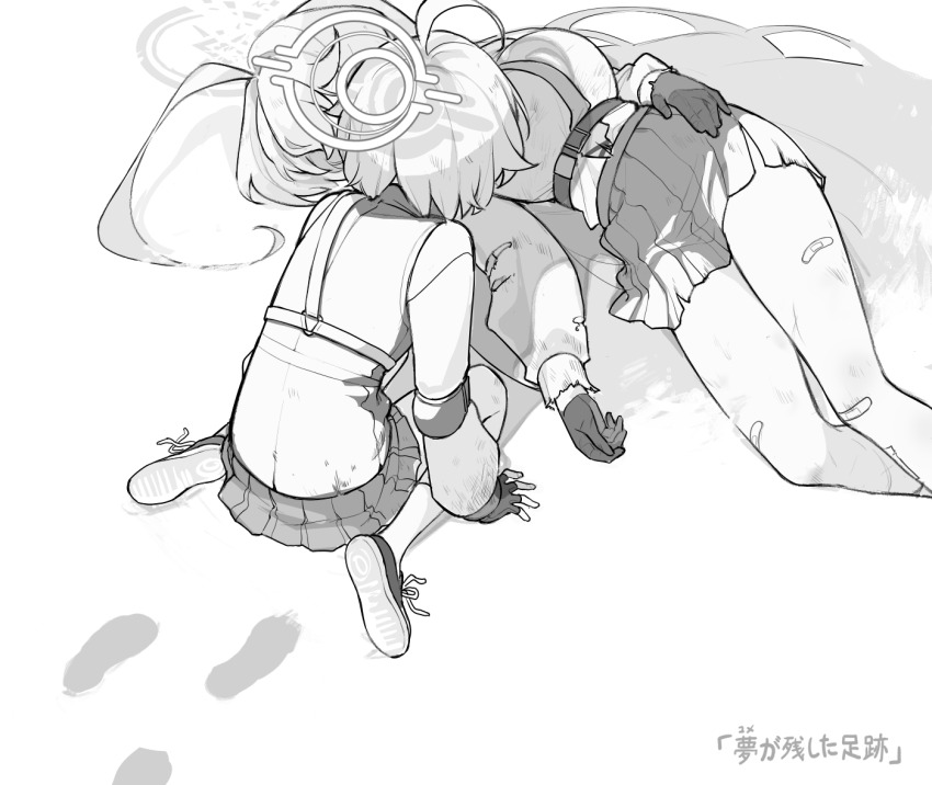 2girls aged_down ahoge bandaid bandaid_on_knee bandaid_on_leg belt blue_archive breasts corpse death dirty fingerless_gloves footprints from_above from_behind gloves greyscale halo hand_on_floor hand_on_own_hip hoshino_(blue_archive) hoshino_(first_year)_(blue_archive) huge_ahoge large_breasts long_hair long_sleeves lying miniskirt monochrome multiple_girls necktie on_back pleated_skirt school_uniform shade shirt_tucked_in short_hair sirin_(sirin_8_8) sitting skirt spoilers torn_clothes torn_sleeves translation_request wariza white_background yume_(blue_archive)