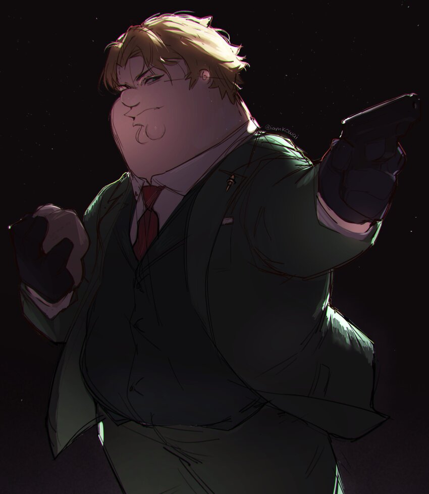 1boy absurdres black_background black_gloves blonde_hair cleft_chin cosplay family_guy fat fat_man formal gloves green_jacket green_pants green_suit green_vest highres jacket kowai_(iamkowai) male_focus necktie pants peter_griffin red_necktie shirt short_hair solo spy_x_family suit suit_jacket twilight_(spy_x_family) twilight_(spy_x_family)_(cosplay) vest white_shirt