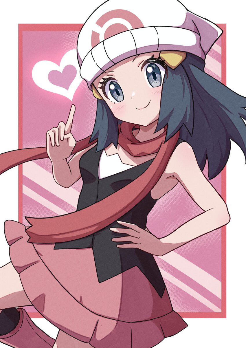 1girl absurdres beanie black_hair blue_eyes boots breasts creatures_(company) dawn_(pokemon) eyelashes floating_scarf game_freak hair_ornament hairclip hat highres long_hair looking_at_viewer miniskirt nintendo pink_footwear pink_skirt pokemon pokemon_dppt red_scarf rono_(lethys) scarf shirt skirt sleeveless smile solo