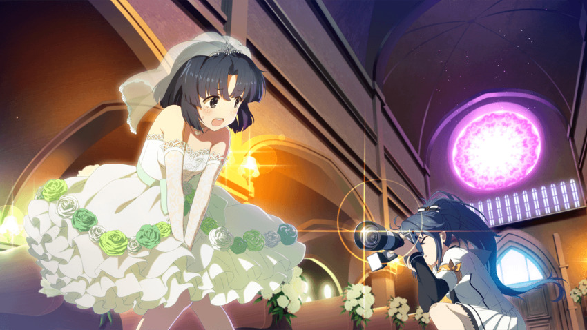 2girls :d ayanokouji_martial_arts_school_uniform bare_shoulders black_hair blush bridal_veil camera church dress elbow_gloves frilled_dress frills game_cg gloves holding holding_camera indoors kneeling lace lace_gloves layered_dress long_sleeves looking_at_another multiple_girls musumi_kiyoka non-web_source official_art open_mouth orange_armband pleated_skirt ponytail school_uniform shirt short_hair sidelocks skirt smile strapless strapless_dress taking_picture teeth toji_no_miko toji_no_miko:_kizamishi_issen_no_tomoshibi upper_teeth_only veil white_dress white_gloves white_shirt white_skirt winter_uniform yamashiro_yui