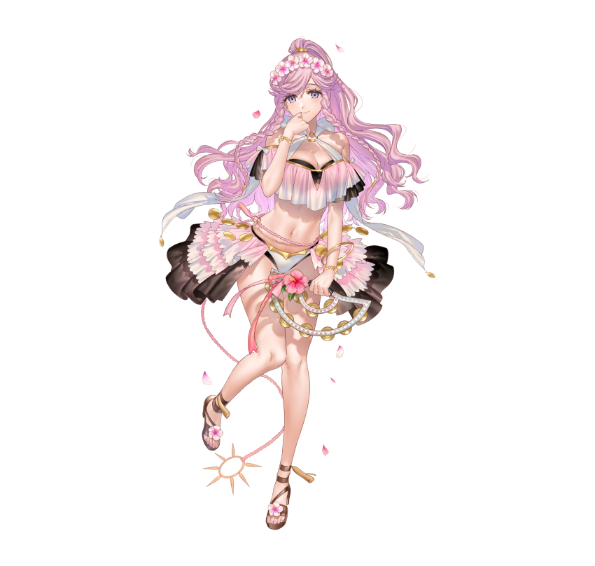 1girl absurdres bare_shoulders blush braid breasts cleavage closed_mouth fire_emblem fire_emblem_awakening fire_emblem_heroes full_body hairband hand_on_own_face high_heel_sandals high_heels highres instrument kippu long_hair looking_at_viewer navel nintendo official_alternate_costume official_art olivia_(fire_emblem) olivia_(summer)_(fire_emblem) pink_hair ponytail sandals smile solo swimsuit tambourine twin_braids