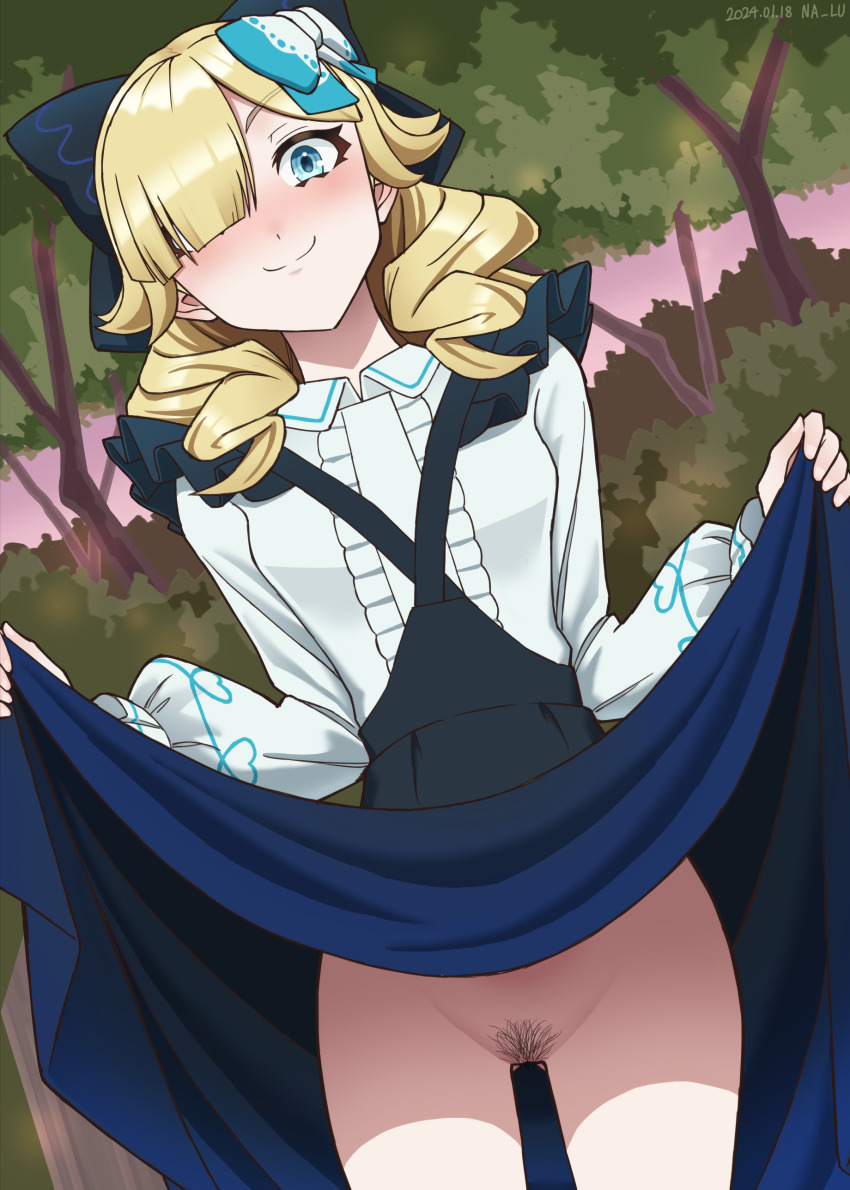 1girl absurdres blonde_hair blue_bow blue_eyes bow breasts closed_mouth clothes_lift dress dress_lift female_pubic_hair fire_emblem fire_emblem_engage forest gluteal_fold hair_bow hair_over_one_eye highres lifting_own_clothes looking_at_viewer madeline_(fire_emblem) naaru nature nintendo no_panties outdoors pubic_hair pussy small_breasts smile two-tone_bow white_bow