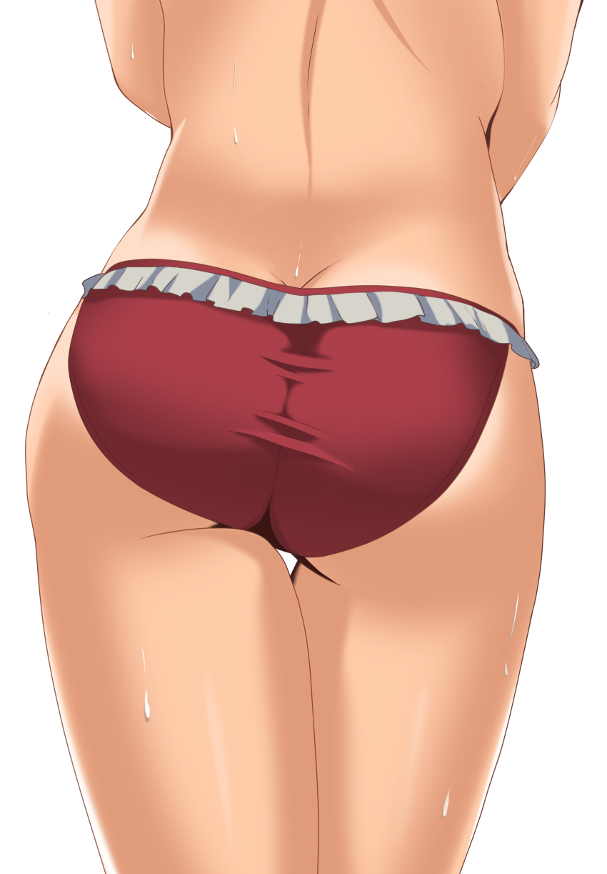 1girl absurdres ass ass_focus bikini bikini_bottom_only butt_crack commentary_request frilled_bikini frills from_behind head_out_of_frame highres lower_body lycoris_recoil nishikigi_chisato red_bikini simple_background solo standing sweat swimsuit tetsuado thigh_gap thighs white_background