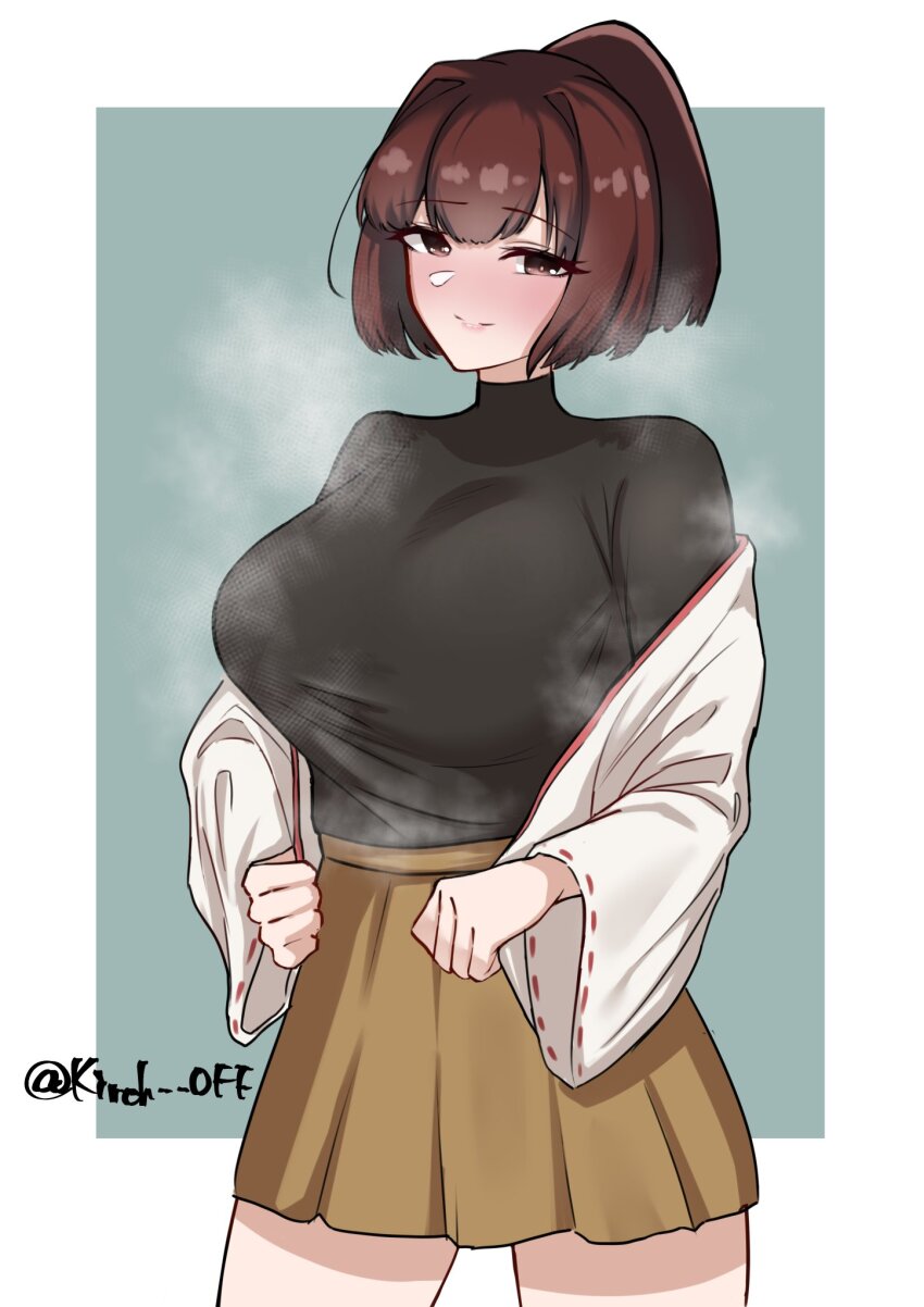 1girl blush border breasts brown_eyes brown_hair brown_hakama cowboy_shot green_background hakama highres ise_(kancolle) japanese_clothes kantai_collection kirchoff large_breasts one-hour_drawing_challenge ponytail short_hair simple_background skin_tight smile solo steaming_body twitter_username undershirt white_border