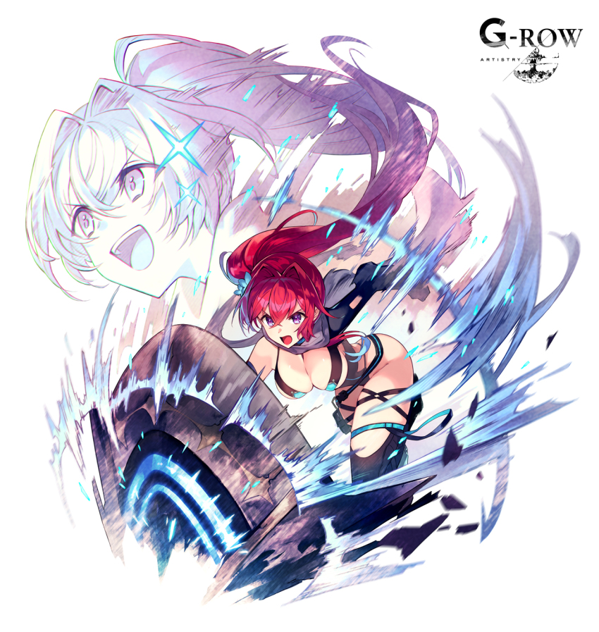 1girl :d aegis_(phantom_of_the_kill) breasts cleavage crossed_bangs feet_out_of_frame fighting_stance flower hair_between_eyes hair_flower hair_ornament highleg highres holding holding_shield large_breasts long_hair official_alternate_costume official_art one_side_up open_mouth phantom_of_the_kill purple_eyes red_hair shield simple_background smile standing standing_on_one_leg teeth thighs to_maru upper_teeth_only very_long_hair white_background