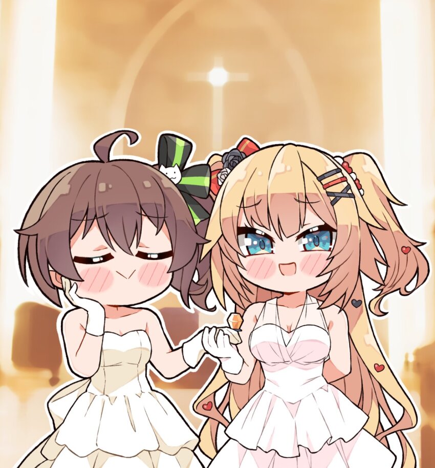 2girls ahoge akai_haato blonde_hair blue_eyes blush brown_hair closed_eyes closed_mouth dress gloves hair_ornament heart heart_hair_ornament highres hololive kukie-nyan long_hair medium_hair multiple_girls natsuiro_matsuri open_mouth ring_pop smile two_side_up virtual_youtuber wedding_dress white_dress white_gloves x_hair_ornament