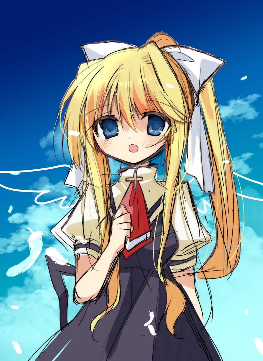 1girl absurdres air_(visual_novel) ascot black_dress blonde_hair blue_eyes dress hair_ribbon highres kamio_misuzu long_hair long_sidelocks mameguri open_mouth ponytail red_ascot ribbon shirt sidelocks solo yellow_shirt