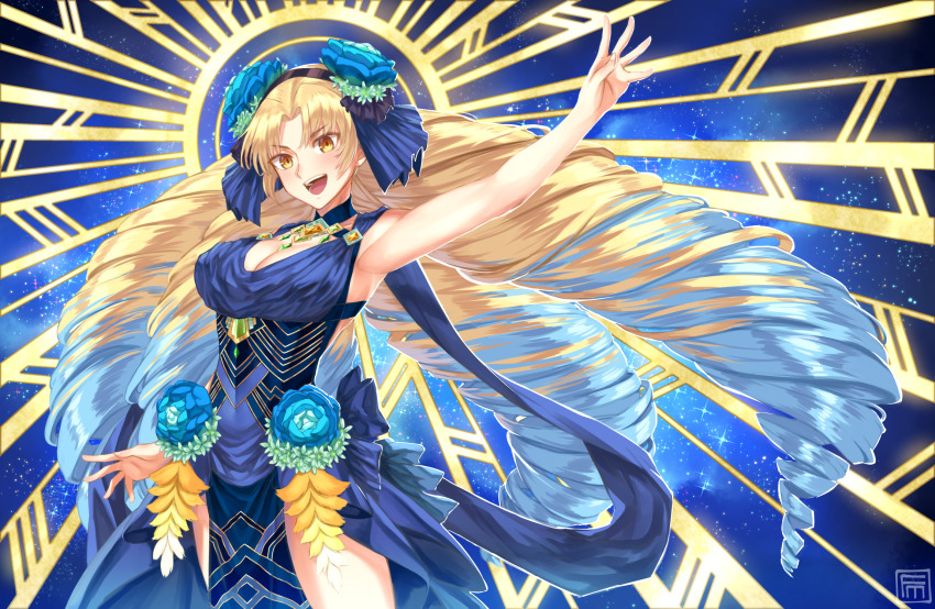 1girl astraea_(fate) blonde_hair blue_hair blush breasts cleavage commentary_request dress dress_flower drill_hair fate/grand_order fate_(series) flower fumato gradient_hair highres large_breasts long_hair looking_at_viewer luviagelita_edelfelt multicolored_hair open_mouth smile solo very_long_hair yellow_eyes