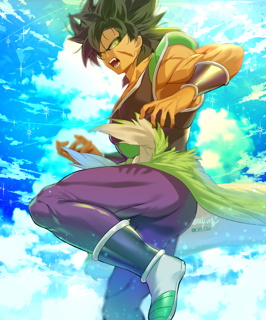 1boy bara black_hair broly_(dragon_ball_super) cloud cloudy_sky dragon_ball dragon_ball_super dragon_ball_super_broly facial_scar fighting_stance foot_out_of_frame from_side highres knee_up looking_at_viewer male_focus medium_hair muscular muscular_male pants pectorals saiyan_armor scar scar_on_cheek scar_on_face skin_tight sky solo spiked_hair tarutobi thighs tight_clothes tight_pants yellow_eyes