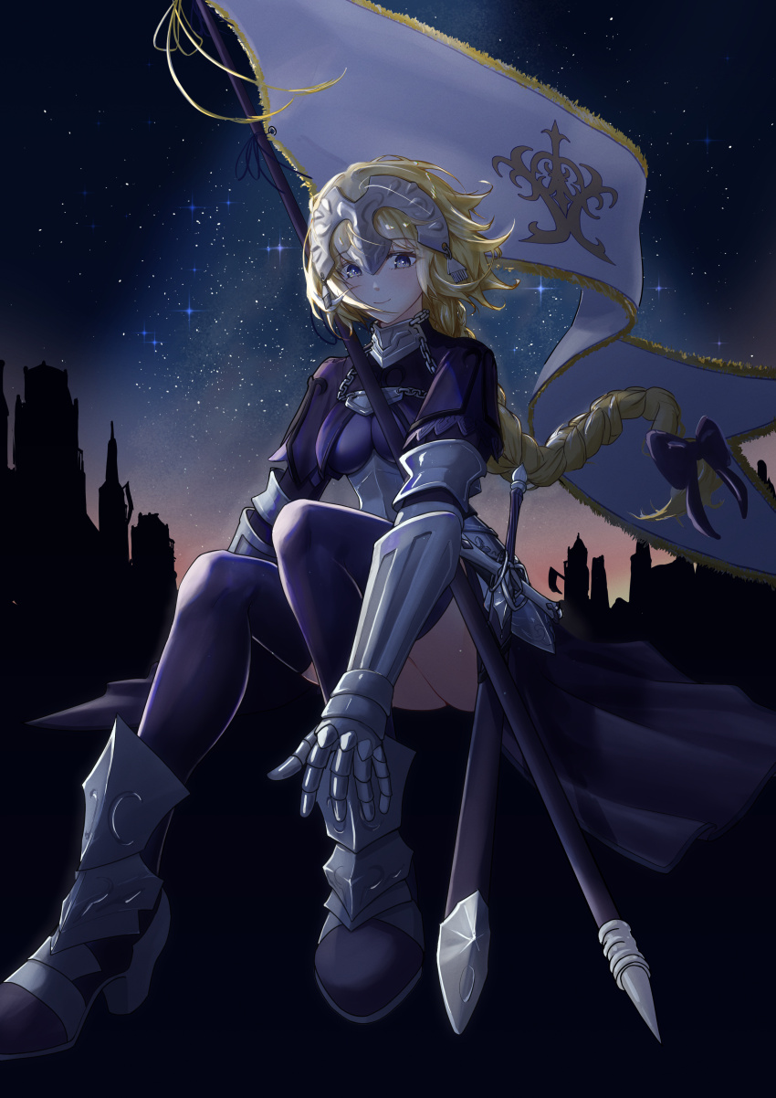 1girl absurdres armor armored_dress atenderliver black_thighhighs blonde_hair blue_bow bow braid capelet chain commentary_request dress fate/apocrypha fate/grand_order fate_(series) flag floating_hair gauntlets hair_bow headpiece highres jeanne_d&#039;arc_(fate) jeanne_d&#039;arc_(ruler)_(fate) long_hair looking_at_viewer night night_sky outdoors plackart purple_dress purple_eyes sheath sheathed sitting sky smile solo star_(sky) sword thighhighs weapon