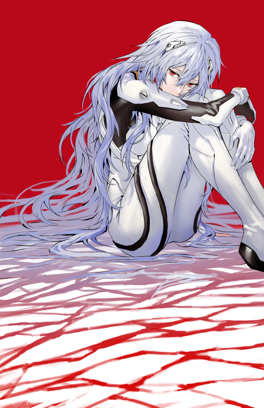 1girl absurdres arms_on_knees ayanami_rei blue_hair crack cracked_floor evangelion:_3.0+1.0_thrice_upon_a_time feet_out_of_frame highres hugging_own_legs light_blue_hair long_hair looking_at_viewer mecha_pilot_suit neon_genesis_evangelion on_floor plugsuit rebuild_of_evangelion red_background red_eyes satou_koromi sitting solo very_long_hair