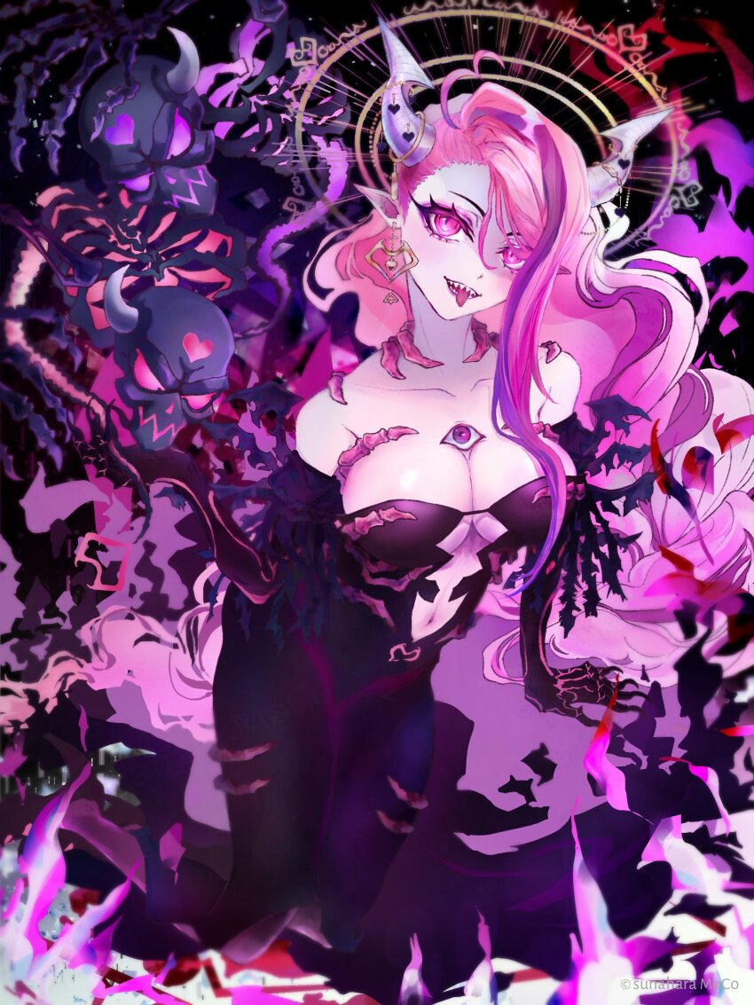 1girl absurdres ahoge black_dress black_gloves breasts cleavage commentary demon_horns dress earrings elbow_gloves english_commentary gloves gold_earrings heart heart_ahoge heart_earrings highres horn_ornament horns ironmouse ironmouse_(underworld_goddess) jewelry large_breasts long_hair looking_at_viewer navel open_mouth pink_eyes pink_hair pointy_ears purple_hair skeleton sunaharamoco third_eye third_eye_on_chest tongue tongue_out virtual_youtuber vshojo