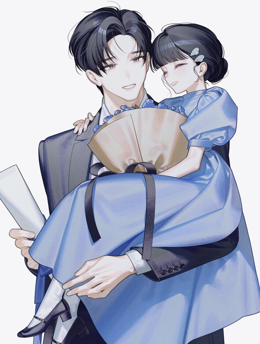 1boy 1girl age_difference black_hair blue_dress blue_flower bouquet carrying carrying_person commentary_request dress flower formal hair_bun hair_ornament highres holding holding_bouquet looking_at_another nanoka_san original parted_lips smile suit wing_hair_ornament