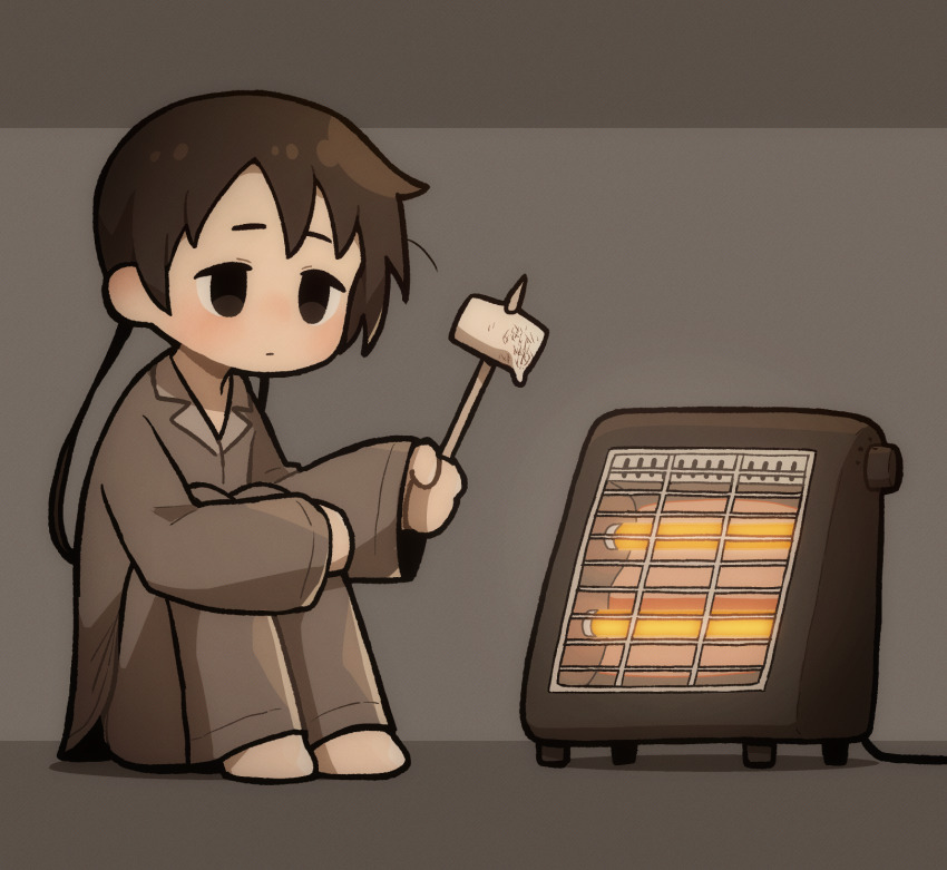 barefoot black_eyes brown_hair closed_mouth commentary_request expressionless food grey_background grey_pajamas heater highres holding holding_skewer hugging_own_legs long_hair long_sleeves marshmallow on_floor original pajamas roasted_marshmallow roasting sitting skewer space_heater takurada twintails