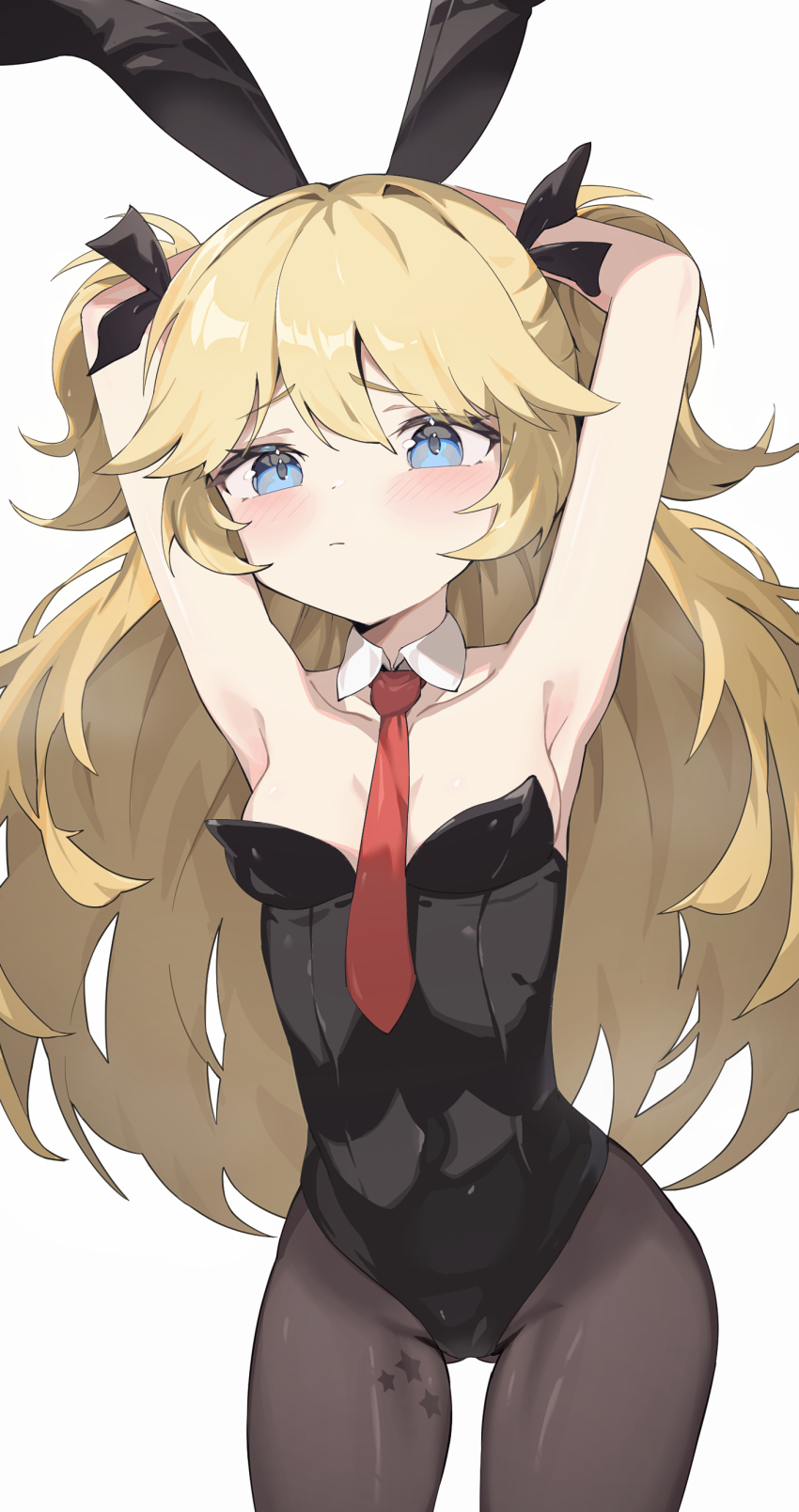 1girl absurdres animal_ears armpits arms_up black_leotard black_pantyhose black_ribbon blonde_hair blue_eyes breasts closed_mouth collarbone covered_navel detached_collar fake_animal_ears girls&#039;_frontline gluteal_fold hair_ribbon highres lemures leotard long_hair looking_at_viewer necktie pantyhose petite playboy_bunny presenting_armpit red_necktie ribbon small_breasts solo star_(symbol) super-shorty_(girls&#039;_frontline) two_side_up