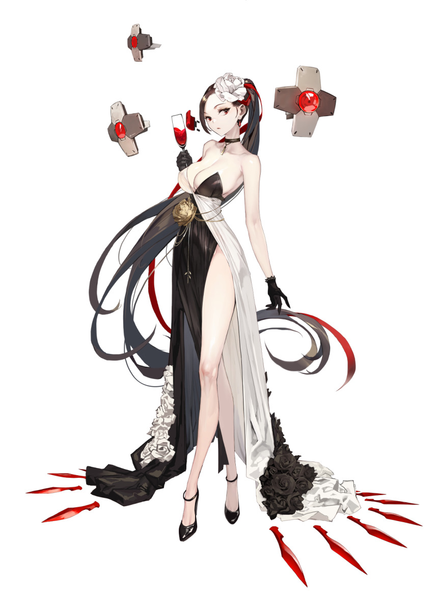 1girl alcohol alternate_costume alternate_hairstyle artist_request bare_arms bare_legs bare_shoulders black_choker black_dress black_flower black_footwear black_gloves black_rose breasts choker cleavage collarbone cup dress drink final_gear flower full_body gloves hair_flower hair_ornament hair_ribbon high_heels highres holding holding_cup holding_drink legs long_hair no_socks official_alternate_costume official_alternate_hairstyle official_art ponytail red_eyes red_wine ribbon rose shoe_strap simple_background solo tachi-e third-party_source transparent_background tridacnidae_(final_gear) two-tone_dress very_long_hair white_dress white_flower white_rose wine yellow_collar