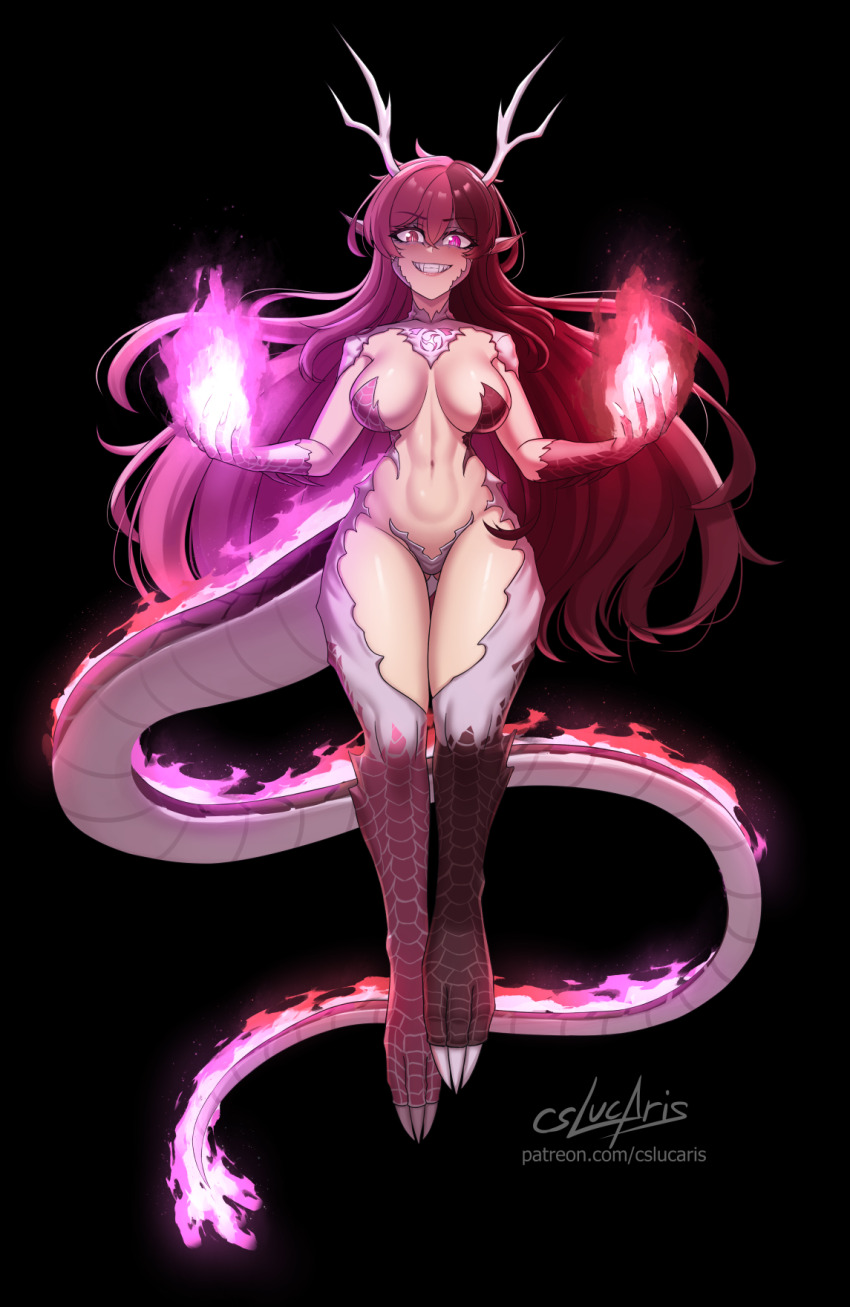 1girl black_background breasts breasts_apart brown_eyes brown_hair brown_scales collarbone commentary completely_nude cslucaris dragon_girl dragon_horns dragon_tail english_commentary evil_grin evil_smile fangs fiery_tail fire floating_hair full_body gluteal_fold grin hair_between_eyes heterochromia highres holding_flame horns large_breasts long_hair looking_at_viewer monster_girl multicolored_hair navel neo_politan no_nipples nude pink_eyes pink_fire pink_hair pink_scales pointy_ears red_fire rwby scales simple_background slit_pupils smile solo split-color_hair stomach tail two-tone_hair white_scales