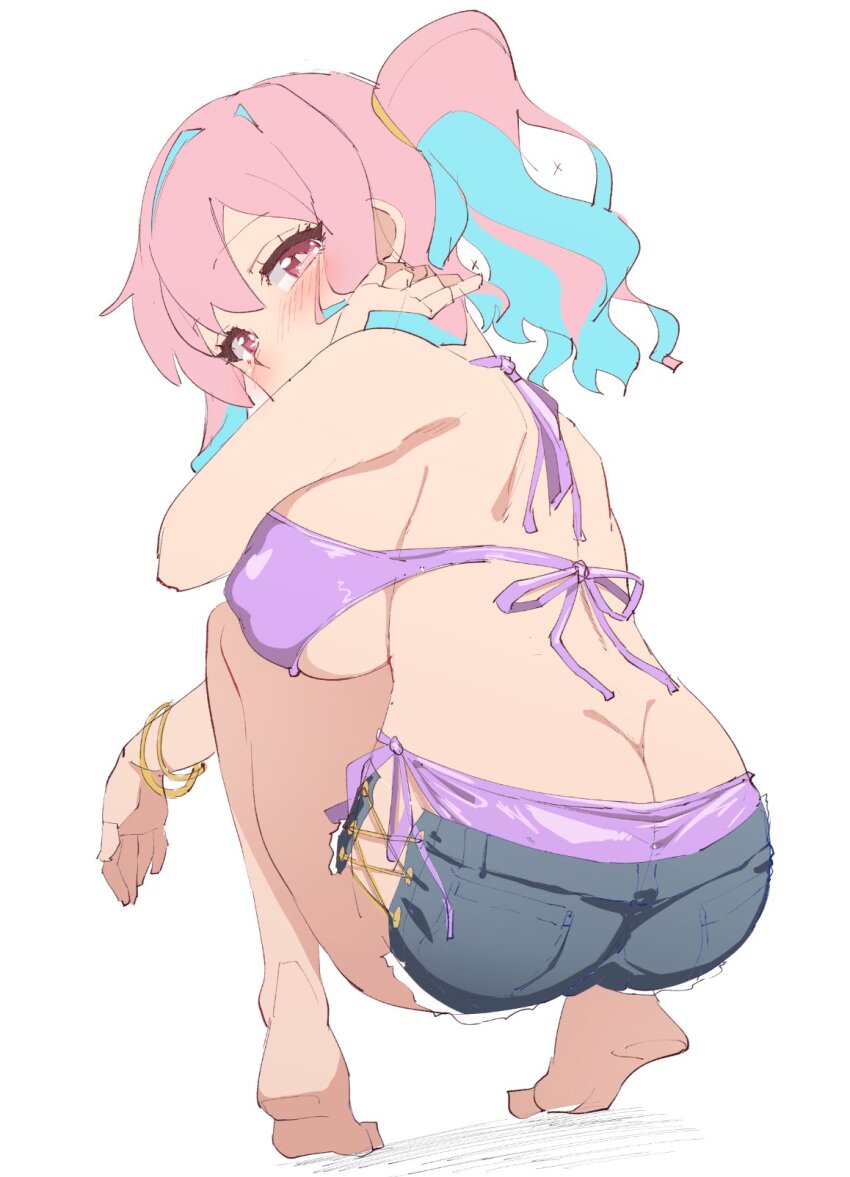 1girl ass bikini blue_hair blush bracelet breasts butt_crack commentary_request highres hozuki_kaede jewelry large_breasts long_hair looking_at_viewer looking_back multicolored_hair nekono_matatabi onii-chan_wa_oshimai! pink_hair purple_bikini red_eyes short_shorts shorts side-tie_bikini_bottom side-tie_shorts side_ponytail solo squatting swimsuit two-tone_hair whale_tail_(clothing)