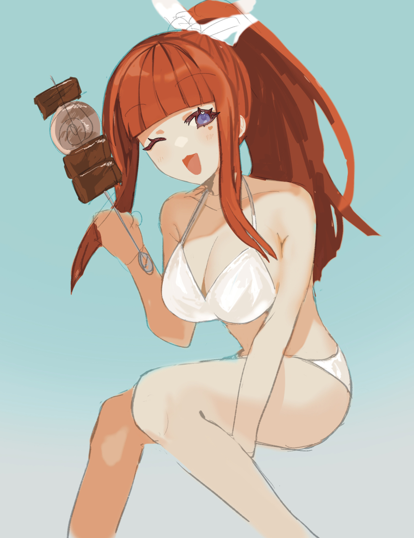 1girl absurdres alternate_costume alternate_hairstyle bikini blunt_bangs earrings food gnosia heart heart_earrings heart_tattoo high_ponytail highres jewelry kebab long_hair looking_at_viewer nail_polish ponytail red_hair simple_background smile solo sq_(gnosia) swimsuit tattoo upper_body user_nvwz8752 white_bikini