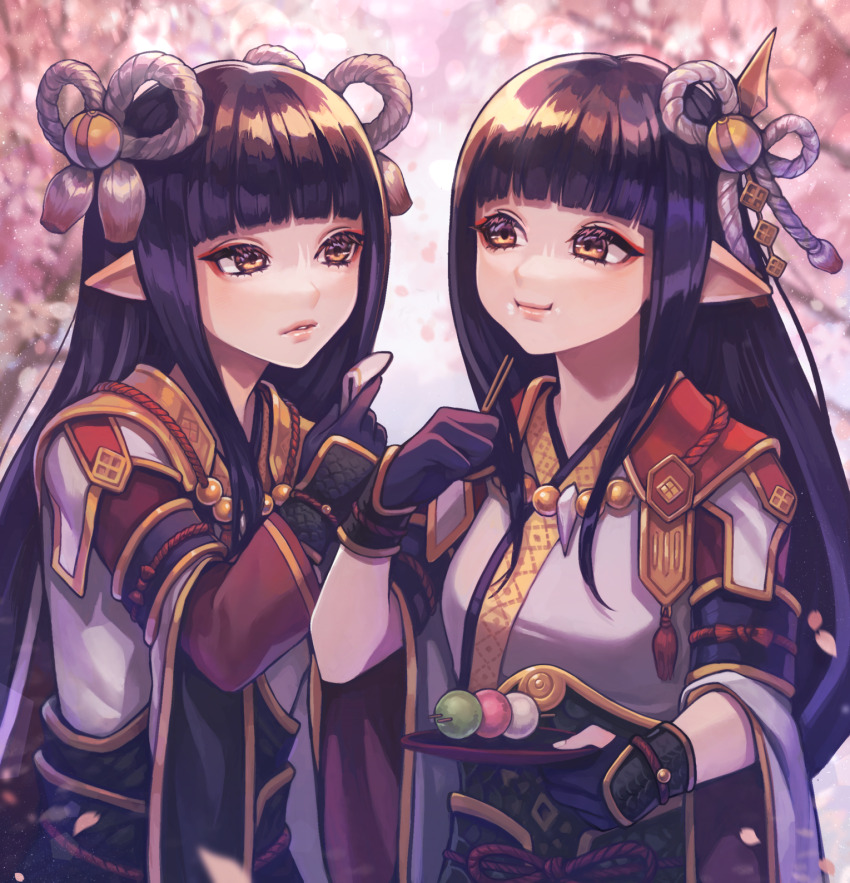 2girls black_gloves black_hair blunt_bangs commentary_request dango eating eyeshadow food gloves hair_ornament highres hinoa holding japanese_clothes lips long_hair looking_at_another looking_to_the_side makeup minoto monster_hunter_(series) monster_hunter_rise multiple_girls parted_lips pink_lips pointy_ears red_eyeshadow sasori_(xie) siblings sisters smile twins wagashi yellow_eyes