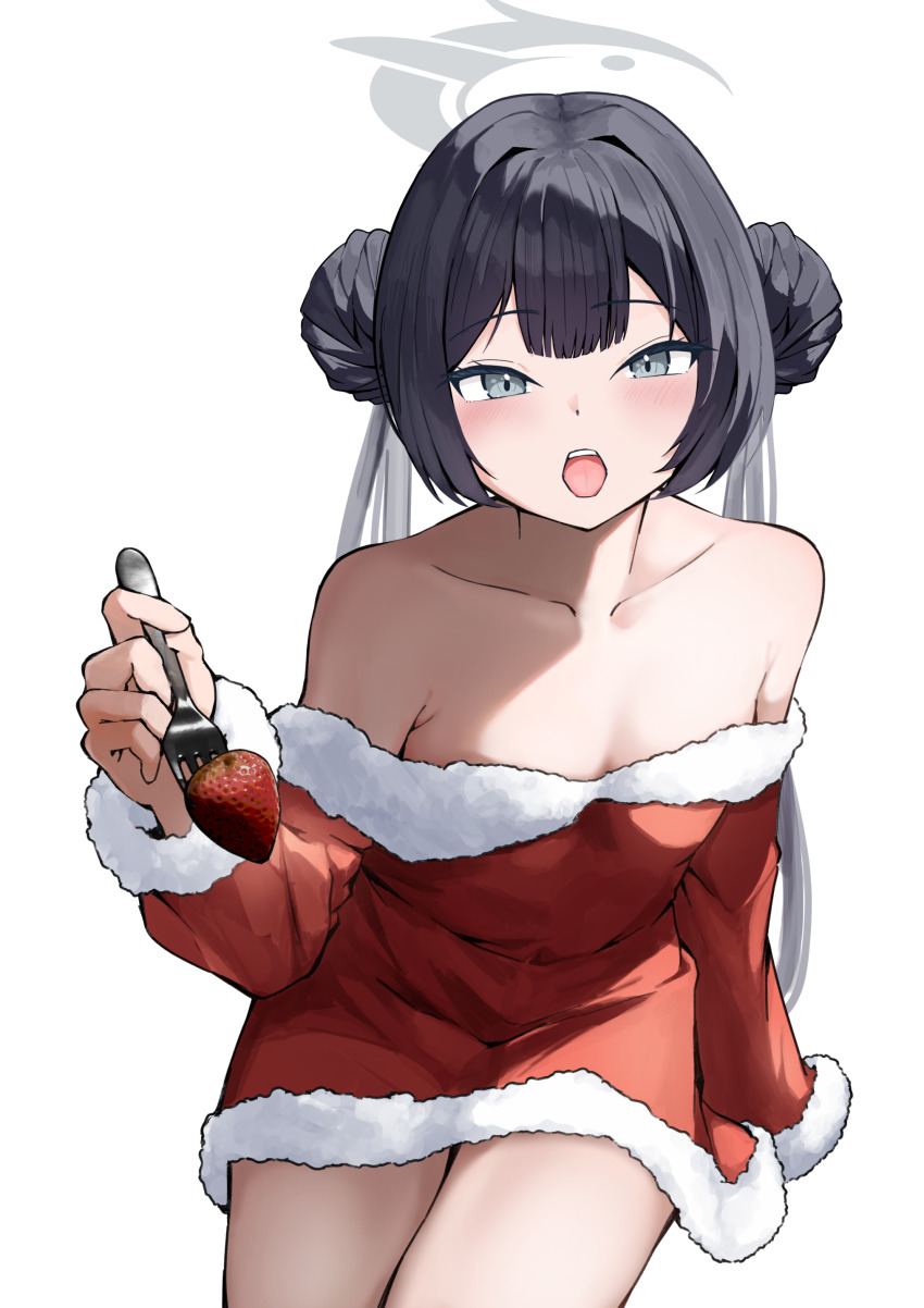 1girl :o absurdres alternate_costume awnw black_hair blue_archive blush collarbone commentary_request double_bun dress food fork fruit fur-trimmed_dress fur_trim hair_bun halo highres holding holding_fork incoming_food kisaki_(blue_archive) long_hair looking_at_viewer off-shoulder_dress off_shoulder red_dress simple_background solo strawberry thighs twintails very_long_hair white_background