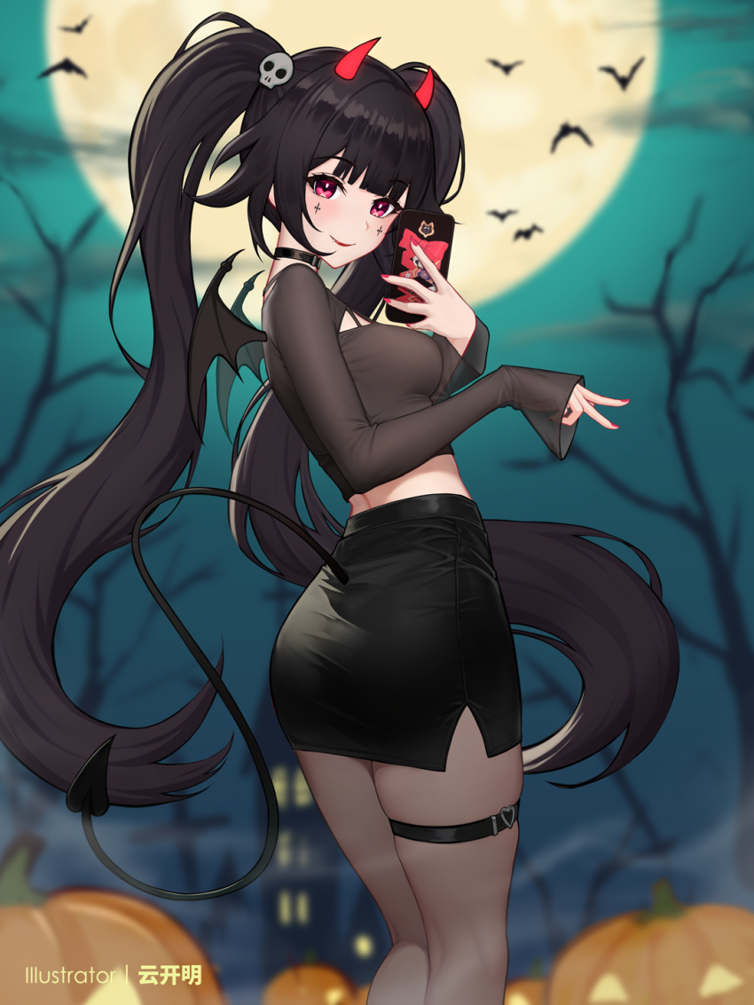 1girl alternate_costume artist_name bare_tree bat_wings black_choker black_hair black_shirt black_skirt blurry blurry_background breasts cellphone choker closed_mouth commentary_request cowboy_shot crop_top demon_tail facial_mark from_behind full_moon hair_ornament highres holding holding_phone honkai:_star_rail honkai_(series) horns long_sleeves looking_at_viewer mark_under_both_eyes medium_breasts moon nail_polish night night_sky paid_reward_available partial_commentary phone red_eyes red_horns red_nails shirt skirt skull_hair_ornament sky smartphone smile solo sparkle_(honkai:_star_rail) tail thigh_strap tree twintails v wings yunkaiming