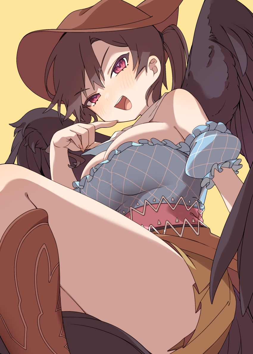 1girl absurdres bandana black_hair black_wings blue_shirt blush boots breasts brown_footwear brown_hat brown_skirt cowboy_hat feathered_wings hat highres knee_boots kurokoma_saki large_breasts long_hair open_mouth pegasus_wings pleated_skirt ponytail red_eyes shirt short_sleeves skirt smile solo sumiyama_sui touhou white_bandana wings