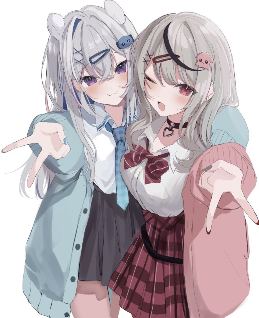 2girls :3 amane_kanata arm_around_neck black_hair blue_eyes blue_hair bow bowtie choker dress_shirt ear_piercing grey_hair hair_ornament hairclip heart heart_choker highres hololive jacket long_hair looking_at_viewer multicolored_hair multiple_girls nail_polish necktie one_eye_closed open_mouth piercing pink_hair plaid_clothes plaid_necktie plaid_skirt red_eyes replicayunikorn sakamata_chloe shirt single_hair_intake skirt smile streaked_hair upao_(amane_kanata) v virtual_youtuber