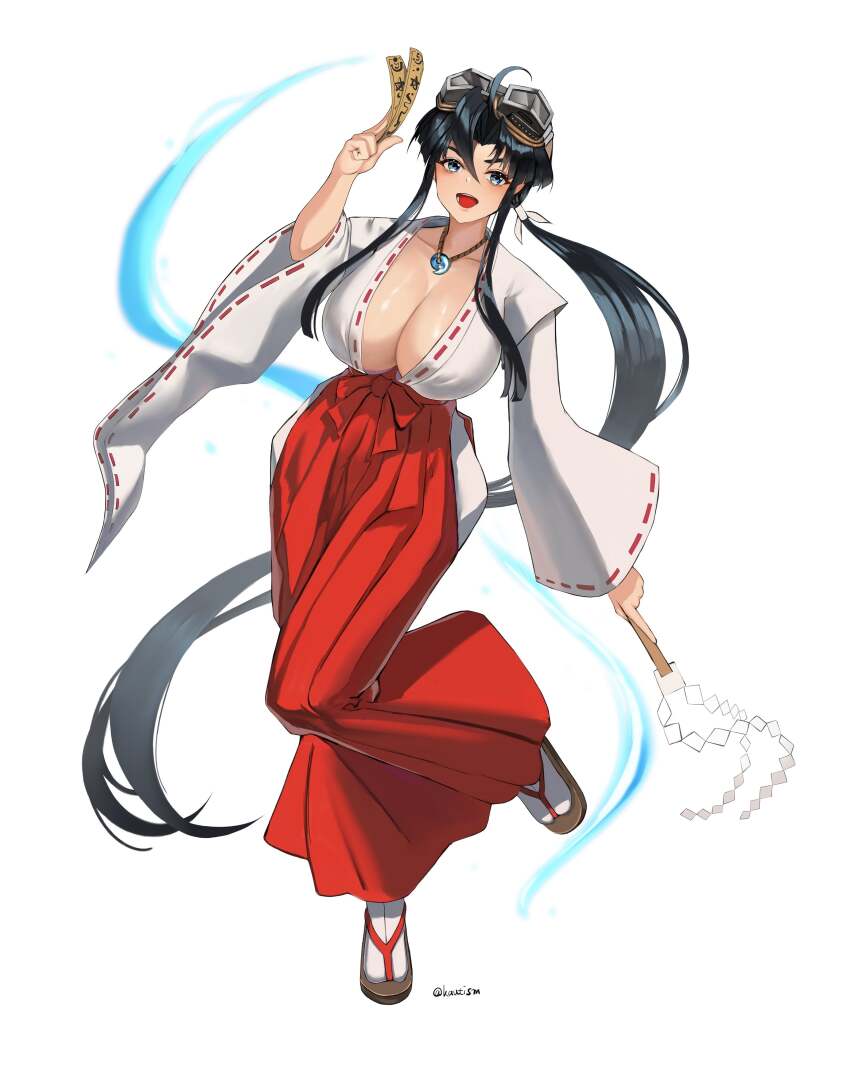 1girl absurdres black_hair blue_eyes breasts cleavage highres japanese_clothes jewelry large_breasts long_hair necklace ponytail sengoku_ace togashi_koyori