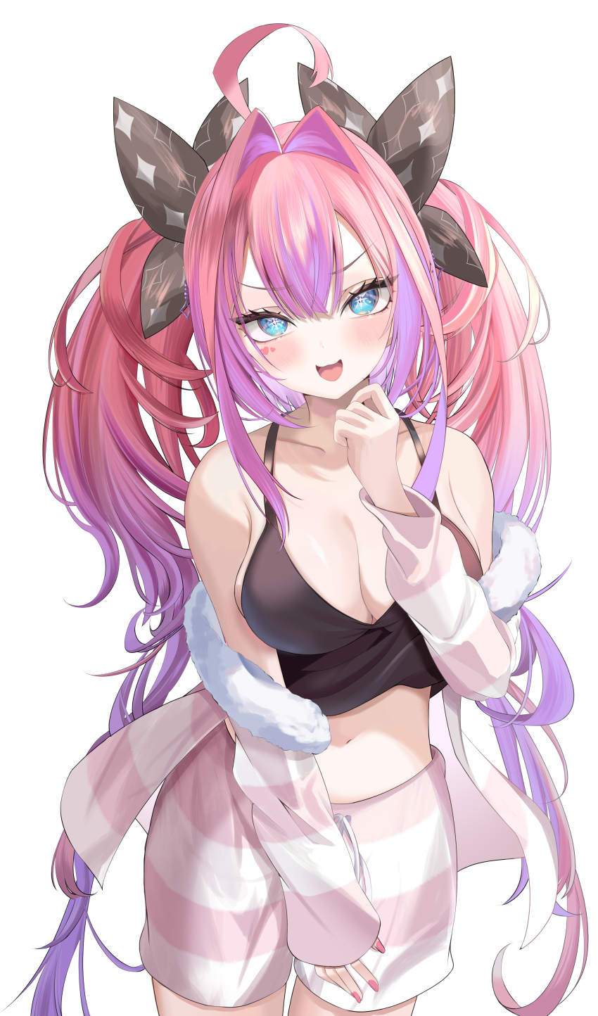 +_+ 1girl 774norango :3 absurdres ahoge black_ribbon black_tank_top blue_eyes blush breasts cleavage collarbone commentary facial_mark fingernails hair_intakes hair_ribbon heart heart_facial_mark highres hololive hololive_dev_is jacket kikirara_vivi large_breasts long_hair long_sleeves looking_at_viewer midriff multicolored_hair nail_polish navel open_mouth pink_hair pink_jacket pink_nails pink_shorts purple_hair ribbon shorts simple_background sleeves_past_wrists smile solo stomach striped_clothes striped_jacket tank_top thighs twintails two-tone_hair virtual_youtuber white_background