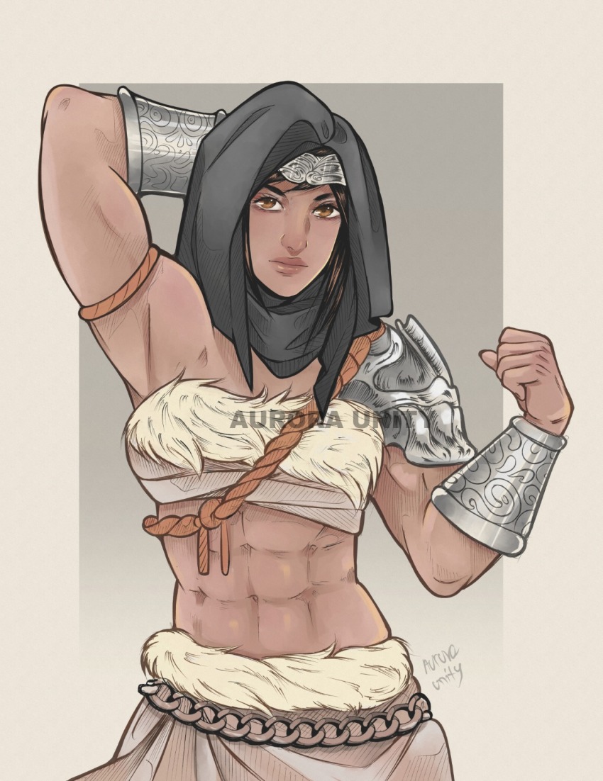 1girl abs arm_up armor aurora_unity black_headwear brown_eyes brown_hair elden_ring fur_trim headscarf headband highres midriff muscular muscular_female nepheli_loux shoulder_armor