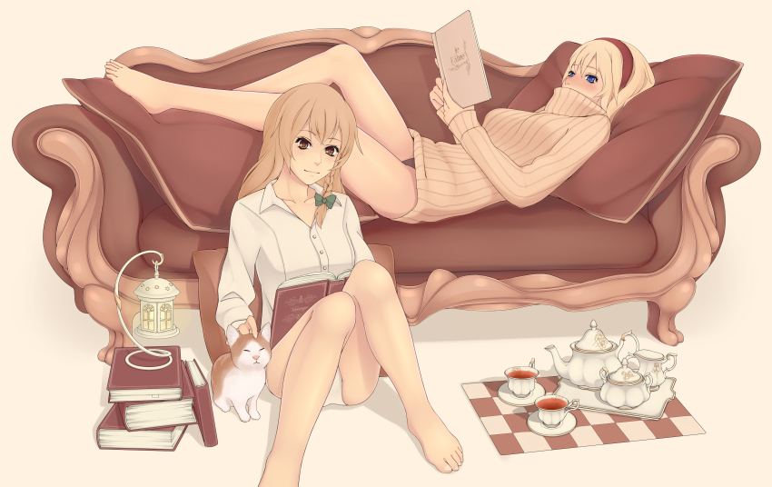 2girls absurdres alice_margatroid barefoot blonde_hair blue_eyes blush book book_stack bottomless braid brown_eyes brown_upholstery cat couch cup cushion feet female_focus flylive hairband highres kirisame_marisa lamp lantern long_hair lying multiple_girls no_pants on_back panties pantyshot pillow ribbed_sweater short_hair side_braid sitting smile sugar_bowl sweater tea tea_set teacup teapot touhou tray turtleneck underwear