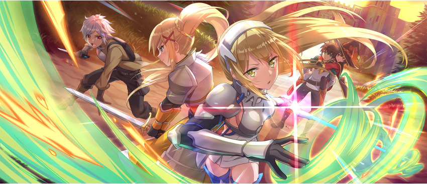 2boys 3girls :o aerokinesis aiz_wallenstein arm_guards armor back-to-back backpack bag bandaged_leg bandages bell_cranel belt belt_buckle belt_pouch black_gloves black_hat black_pants black_thighhighs blonde_hair blue_boots blue_eyes boobplate boots braid breastplate breasts brown_belt brown_boots brown_coat brown_hair buckle cape carrying coat crossover darkness_(konosuba) dirt_road double-parted_bangs dress dungeon_ni_deai_wo_motomeru_no_wa_machigatteiru_darou_ka elbow_gloves elbow_pads faulds fingerless_gloves floating_hair game_cg gloves grass green_cape green_eyes hair_between_eyes hair_ornament hat headpiece highres holding holding_knife holding_sword holding_weapon knee_boots knife kono_subarashii_sekai_ni_shukufuku_wo! konosuba!_fantastic_days leaning_forward long_hair long_sleeves looking_at_another magic medium_breasts megumin multiple_boys multiple_girls official_art open_mouth outdoors pants parted_lips pauldrons piggyback ponytail ponytail_with_braided_base pouch red_dress red_eyes road satou_kazuma serious shade shirt short_dress short_hair shoulder_armor sideboob sidelocks single_pauldron single_thighhigh standing sunset sword thigh_boots thighhighs v-shaped_eyebrows very_long_hair weapon white_dress white_hair white_shirt wind witch_hat x_hair_ornament yellow_eyes zettai_ryouiki